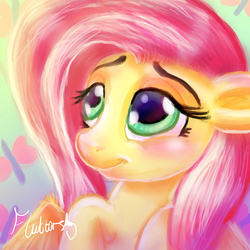 Size: 1417x1417 | Tagged: safe, artist:loveless-nights, fluttershy, pegasus, pony, g4, bust, cutie mark background, female, looking up, mare, portrait, raised hoof, smiling, solo, three quarter view, wings