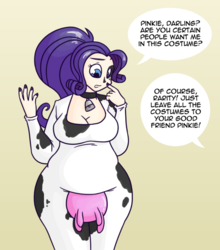 Size: 500x568 | Tagged: safe, artist:irateliterate, rarity, cow, human, g4, chubby, clothes, costume, cow suit, cowbell, cowprint, female, hips, humanized, nail polish, plump, raricow, rarihips, solo, species swap, udder, wide hips