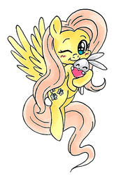 Size: 924x1262 | Tagged: safe, artist:pinguino777, angel bunny, fluttershy, g4, duo, heart, holding, looking at you, no more ponies at source, one eye closed, simple background, spread wings, traditional art, white background, wink
