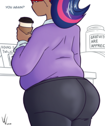 Size: 1000x1200 | Tagged: safe, artist:irateliterate, twilight sparkle, human, ass, bbw, butt, chubby, clothes, coffee, dark skin, fat, female, glasses, humanized, large butt, pants, solo, the ass was fat, twibutt, twilight has a big ass