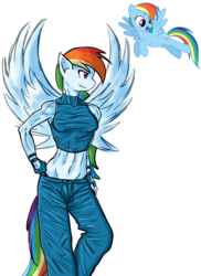 Size: 1100x1511 | Tagged: safe, artist:leonardofrei, rainbow dash, anthro, g4, belly button, clothes, female, midriff, muscles, pants, solo