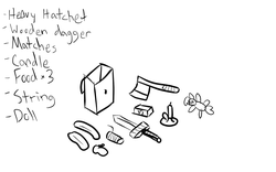 Size: 1280x800 | Tagged: safe, artist:saria the frost mage, a foal's adventure, bag, candle, cyoa, dagger, doll, food, hatchet, monochrome, no pony, pony doll, story included, text, toy, weapon