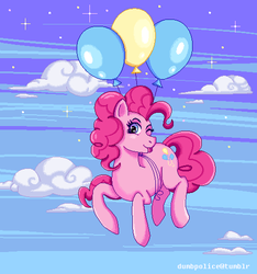 Size: 480x513 | Tagged: safe, artist:black-claudia, pinkie pie, g4, balloon, cloud, female, one eye closed, pixel art, sky, solo, stars, then watch her balloons lift her up to the sky, tongue out, wink