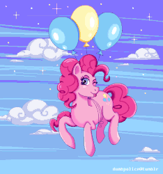 Size: 480x513 | Tagged: safe, artist:black-claudia, pinkie pie, g4, animated, balloon, cloud, female, gif, one eye closed, pixel art, sky, solo, stars, then watch her balloons lift her up to the sky, tongue out, wink