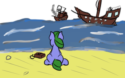 Size: 1280x800 | Tagged: safe, artist:saria the frost mage, oc, oc only, oc:clover patch, earth pony, pony, a foal's adventure, bag, beach, blank flank, child, cyoa, female, filly, foal, ocean, pirate ship, sand, ship, smoke, story included, water, wave