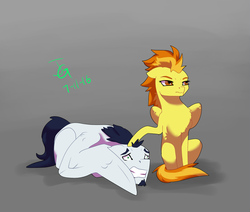 Size: 1024x870 | Tagged: safe, artist:joan-grace, soarin', spitfire, pegasus, pony, g4, beard, comforting, covering, covering face, cute, duo, facial hair, female, male, mare, petting, protecting, scared, sitting, stallion, story included, wings
