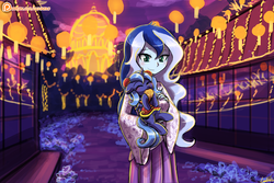Size: 1125x750 | Tagged: safe, artist:lumineko, princess luna, vice principal luna, alicorn, human, pony, equestria girls, g4, building, cheongsam, chinese, chinese dress, clothes, cookie, cute, eating, eyes closed, female, filly, filly luna, food, hnnng, holding a pony, human ponidox, lantern, lantern festival, lumineko is trying to murder us, lunabetes, mid-autumn festival, mooncake, night sky, nom, paper lantern, patreon, patreon logo, s1 luna, self paradox, self ponidox, smiling, weapons-grade cute, woona, young, younger