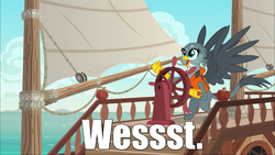 Size: 1920x1080 | Tagged: safe, edit, edited screencap, screencap, gabby, griffon, g4, the fault in our cutie marks, caption, cute, female, gabby's shanty, gabbybetes, image macro, lifejacket, meme, ocean, sailing, ship, solo, the marvelous misadventures of flapjack, this will end in tears