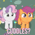 Size: 507x508 | Tagged: safe, edit, edited screencap, screencap, apple bloom, scootaloo, sweetie belle, earth pony, pony, g4, the fault in our cutie marks, animated, blinking, bronybait, caption, cute, cutealoo, cutie mark, diasweetes, female, gif, hug request, the cmc's cutie marks