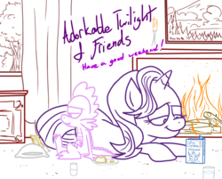 Size: 1280x1029 | Tagged: safe, artist:adorkabletwilightandfriends, spike, starlight glimmer, dragon, pony, unicorn, g4, adorkable, book, chimney, cookie, cute, dork, duo, food, milk, pillow, slice of life