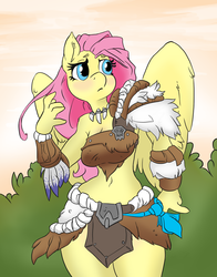 Size: 1800x2295 | Tagged: safe, artist:atryl edits, artist:mrponeswildride, color edit, edit, fluttershy, anthro, g4, barbarian, belly button, blushing, clothes, colored, leather, leather straps, loincloth, midriff, skirt