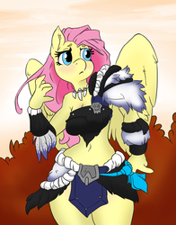 Size: 1800x2295 | Tagged: safe, artist:atryl edits, artist:mrponeswildride, color edit, edit, fluttershy, anthro, g4, barbarian, belly button, blushing, clothes, colored, leather, loincloth, midriff, skirt