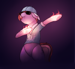 Size: 2050x1897 | Tagged: safe, artist:marsminer, oc, oc only, oc:pop style, pony, semi-anthro, baseball cap, bipedal, bottomless, cap, clothes, dab, dark, fire, floppy ears, frown, glowing, hat, lit, on fire, purple background, serious, serious face, shirt, simple background, sunglasses, underhoof
