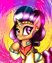 Size: 1500x1800 | Tagged: safe, artist:spirodraw, saffron masala, pony, unicorn, g4, spice up your life, abstract background, aside glance, cute, female, mare, raised hoof, saffronbetes, sitting, smiling, solo