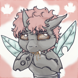 Size: 1500x1500 | Tagged: safe, artist:lavilovi, oc, oc only, oc:maple, changeling, brown changeling, maple leaf, maple syrup, salivating, solo