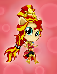 Size: 700x900 | Tagged: safe, artist:kittyprints91, sunset shimmer, equestria girls, g4, my little pony equestria girls: legend of everfree, alternate hairstyle, boots, chibi, clothes, crystal guardian, cute, dress, female, high heel boots, looking at you, ponied up, shimmerbetes, shoes, smiling, solo
