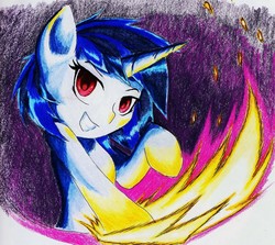 Size: 2299x2052 | Tagged: safe, artist:elusiveautumn, dj pon-3, vinyl scratch, g4, female, grin, high res, missing accessory, smiling, solo, sparks, traditional art, wrong eye color