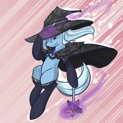 Size: 1000x1000 | Tagged: safe, artist:thattagen, trixie, pony, unicorn, g4, action pose, alternate universe, cloak, clothes, falling, female, hat, mare, newbie artist training grounds, smirk, socks, sockypockytwi, solo, tumblr, wand, witch, wizard hat