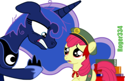 Size: 4422x2890 | Tagged: safe, artist:roger334, apple bloom, princess luna, 28 pranks later, g4, addiction, bartering, cookie, crown, food, jewelry, messy mane, regalia, scout uniform, simple background, transparent background, vector, wagon
