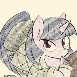 Size: 1000x1000 | Tagged: safe, artist:thattagen, twilight sparkle, g4, alternate universe, clothes, female, food, jacket, leaning, looking at you, newbie artist training grounds, pleated skirt, pocky, skirt, socks, sockypockytwi, solo, tumblr