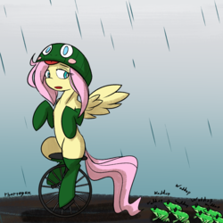 Size: 1000x1000 | Tagged: safe, artist:thattagen, fluttershy, frog, g4, clothes, dat boi, female, hat, looking down, meme, open mouth, rain, socks, sockypockytwi, solo, tumblr, unicycle