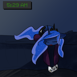 Size: 1000x1000 | Tagged: safe, artist:thattagen, princess luna, gamer luna, g4, bed, clock, clothes, female, sleeping, socks, sockypockytwi, solo, sunrise