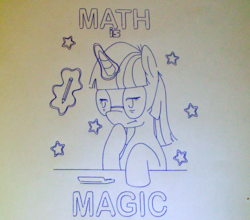 Size: 2514x2217 | Tagged: safe, artist:liracrown, twilight sparkle, g4, calculator, cnc, glasses, high res, messy mane, pen drawing, pencil, shapeoko, text, tired, traditional art