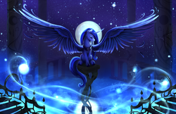 Size: 2000x1294 | Tagged: safe, artist:viwrastupr, princess luna, alicorn, pony, g4, curved horn, eyes closed, female, hoof shoes, horn, large wings, mare, missing accessory, moon, night, night sky, peytral, princess shoes, sitting, solo, spread wings, stars, wings