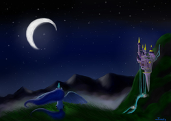 Size: 4092x2893 | Tagged: safe, artist:sweeterwho, princess luna, g4, both cutie marks, canterlot, female, magic, moon, night, solo