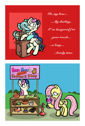 Size: 922x1361 | Tagged: safe, artist:toonbat, bon bon, fluttershy, lyra heartstrings, sweetie drops, pony, g4, artisan, comic, craft, female, ghost (movie), lesbian, lip bite, lyrics, mare, parody, pottery, pottery wheel, reality ensues, scrunchy face, sculpting, sculptor, ship:lyrabon, shipping, shop, song reference, stall, the righteous brothers, unchained melody, working