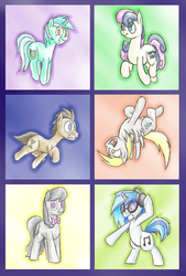 Size: 2200x3253 | Tagged: safe, artist:timsplosion, bon bon, derpy hooves, dj pon-3, doctor whooves, lyra heartstrings, octavia melody, sweetie drops, time turner, vinyl scratch, earth pony, pegasus, pony, unicorn, g4, background six, bipedal, headphones, no pupils