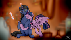 Size: 1280x720 | Tagged: safe, artist:cyclone-dusk, twilight sparkle, oc, alicorn, pony, g4, cute, eyes closed, fluffy, glasses, hug, hug from behind, magic, open mouth, sitting, smiling, spread wings, twilight sparkle (alicorn)