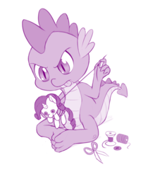 Size: 791x900 | Tagged: safe, artist:dstears, rarity, spike, dragon, g4, claws, female, fixing, monochrome, newbie artist training grounds, plushie, rarity plushie, sewing, solo