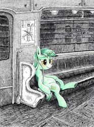 Size: 3438x4613 | Tagged: safe, artist:mcstalins, lyra heartstrings, pony, unicorn, g4, colored pencil drawing, female, metro, monochrome, partial color, russia, russian, saint petersburg, sitting, sitting lyra, smiling, solo, style emulation, subway, traditional art, train