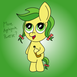 Size: 1600x1600 | Tagged: safe, artist:vitalspark, apple fritter, pony, g4, apple family member, applejack (drink), baby, baby pony, bipedal, female, pigtails, role reversal, solo