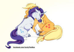 Size: 1024x724 | Tagged: safe, artist:haruki-chan2, applejack, rarity, pony, g4, crying, female, lesbian, mare, ship:rarijack, shipping, unshorn fetlocks, watermark