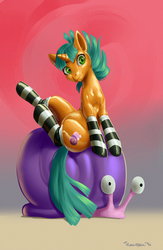 Size: 835x1280 | Tagged: safe, artist:trunchbull, snails, latex pony, g4, clothes, commission, latex, latex socks, rubber, rule 63, shiny, socks, solo, spice, striped socks