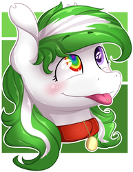Size: 1721x2232 | Tagged: safe, artist:baldmoose, oc, oc only, oc:lea, earth pony, pony, blushing, bust, collar, cute, female, heterochromia, mare, medallion, piercing, portrait, purple eyes, rainbow eyes, simple background, tongue out, tongue piercing, two toned hair