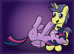 Size: 5500x4000 | Tagged: safe, artist:littletigressda, comet tail, twilight sparkle, alicorn, pony, g4, male, on back, ship:cometlight, shipping, straight, twilight sparkle (alicorn)