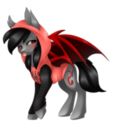 Size: 2207x2317 | Tagged: safe, artist:scarlet-spectrum, oc, oc only, oc:scarlet, bat pony, pony, blushing, clothes, cute, high res, hoodie, raised hoof, simple background, solo, tongue out, transparent background