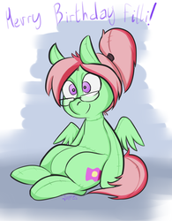 Size: 2516x3222 | Tagged: safe, artist:helloiamyourfriend, oc, oc only, oc:melon shine, original species, pegasus, plush pony, pony, glasses, high res, merry birthday, plushie, solo