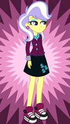 Size: 3200x5680 | Tagged: safe, artist:razethebeast, upper crust, equestria girls, g4, my little pony equestria girls: friendship games, absurd resolution, clothes, crystal prep academy, crystal prep academy uniform, crystal prep shadowbolts, dollar sign, ear piercing, earring, female, iphone wallpaper, jewelry, piercing, school uniform, shoes, skirt, skunk stripe, smiling, sneakers, solo