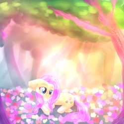 Size: 1024x1024 | Tagged: safe, artist:suika999, angel bunny, fluttershy, pegasus, pony, g4, big ears, bright, crepuscular rays, duo, female, flower, flower field, folded wings, forest, holding, looking at something, looking down, lying down, mare, on side, outdoors