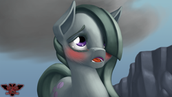 Size: 3840x2160 | Tagged: safe, artist:tsaritsaluna, marble pie, g4, blushing, cliff, cloud, female, high res, solo