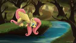 Size: 3840x2160 | Tagged: safe, artist:simmeonz, fluttershy, g4, female, forest, high res, looking at something, looking down, raised hoof, river, solo, spread wings