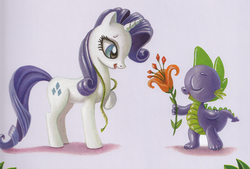 Size: 1000x674 | Tagged: safe, artist:mary jane begin, rarity, spike, dragon, pony, unicorn, g4, my little pony: the dragons on dazzle island, spoiler:comic, duo, eyes closed, female, flower, male, mare, measuring tape, ship:sparity, shipping, straight