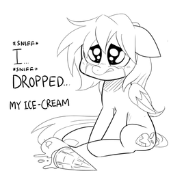 Size: 1000x1000 | Tagged: dead source, safe, artist:celine-artnsfw, oc, oc only, oc:melody strawberries, pegasus, pony, crying, dialogue, dropped ice cream, food, ice cream, ice cream cone, lineart, sad, solo