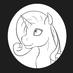 Size: 446x446 | Tagged: safe, artist:stoopedhooy, derpibooru exclusive, rarity, g4, bust, female, lineart, monochrome, portrait, sketch, smiling, solo