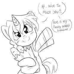 Size: 5000x5000 | Tagged: safe, artist:celine-artnsfw, oc, oc only, oc:pencil point, pony, unicorn, absurd resolution, bag, baguette, bipedal, bread, cute, dialogue, food, lineart, solo, waving
