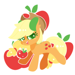 Size: 971x971 | Tagged: safe, artist:snow angel, applejack, earth pony, pony, g4, apple, colored pupils, cute, cutie mark background, female, food, jackabetes, mare, open mouth, smiling, solo, sparkly eyes, wingding eyes
